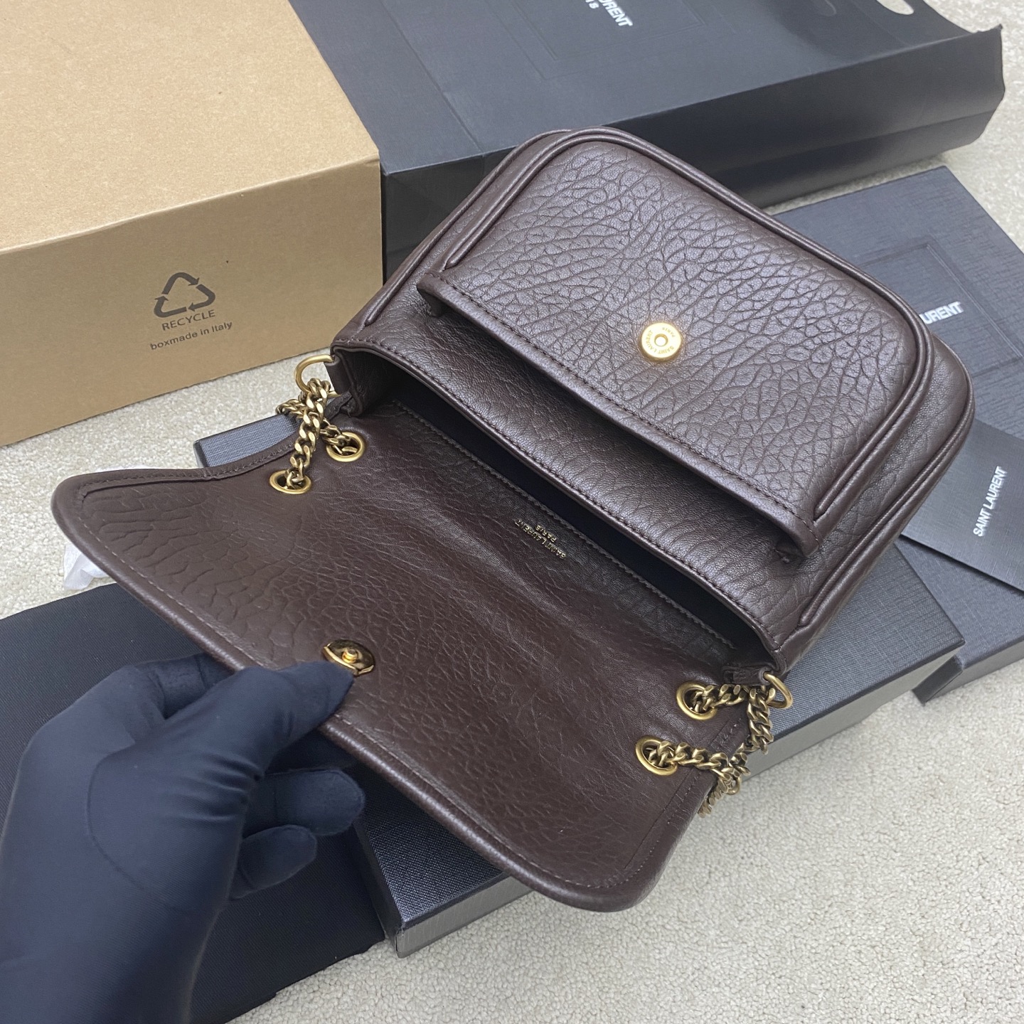 Saint Laurent 大象纹咖啡红/金 新款大象纹小号NIKai正面翻盖手袋 饰以金属 LE CASSANDRE