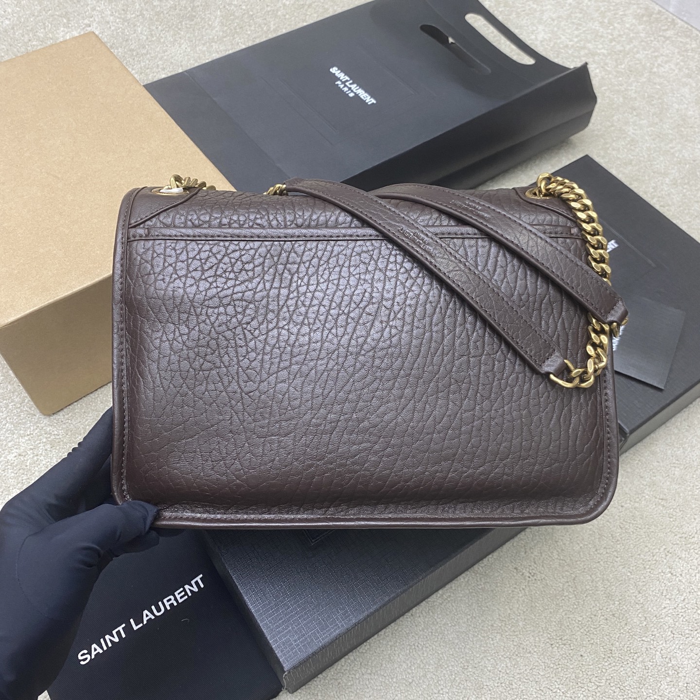 Saint Laurent 大象纹咖啡红/金 新款大象纹NIKai正面翻盖手袋 饰以金属 LE CASSANDRE