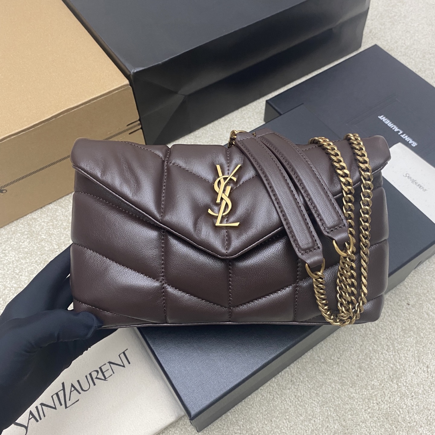 Saint Laurent 迷你咖啡羊皮/古金