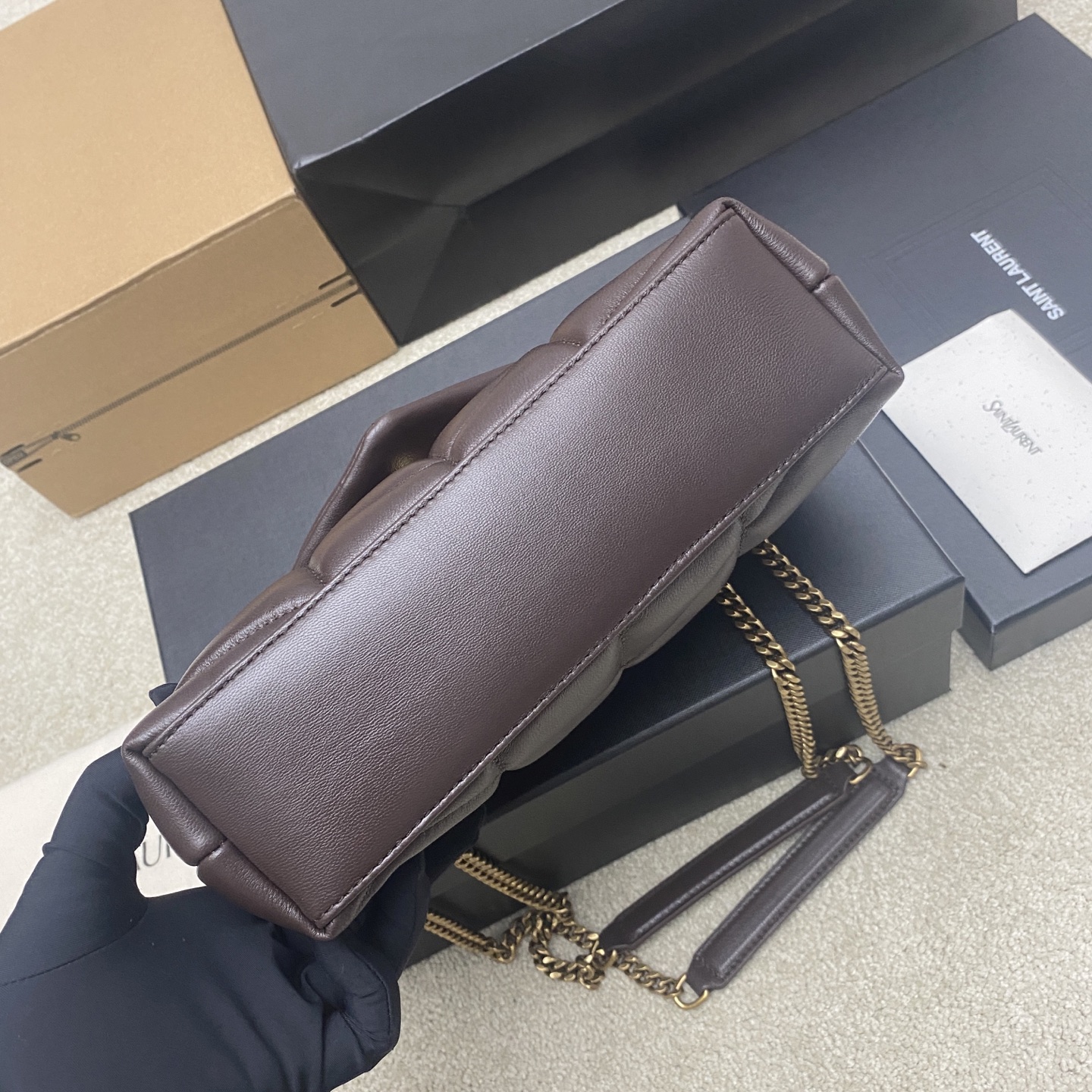 Saint Laurent 迷你咖啡羊皮/古金