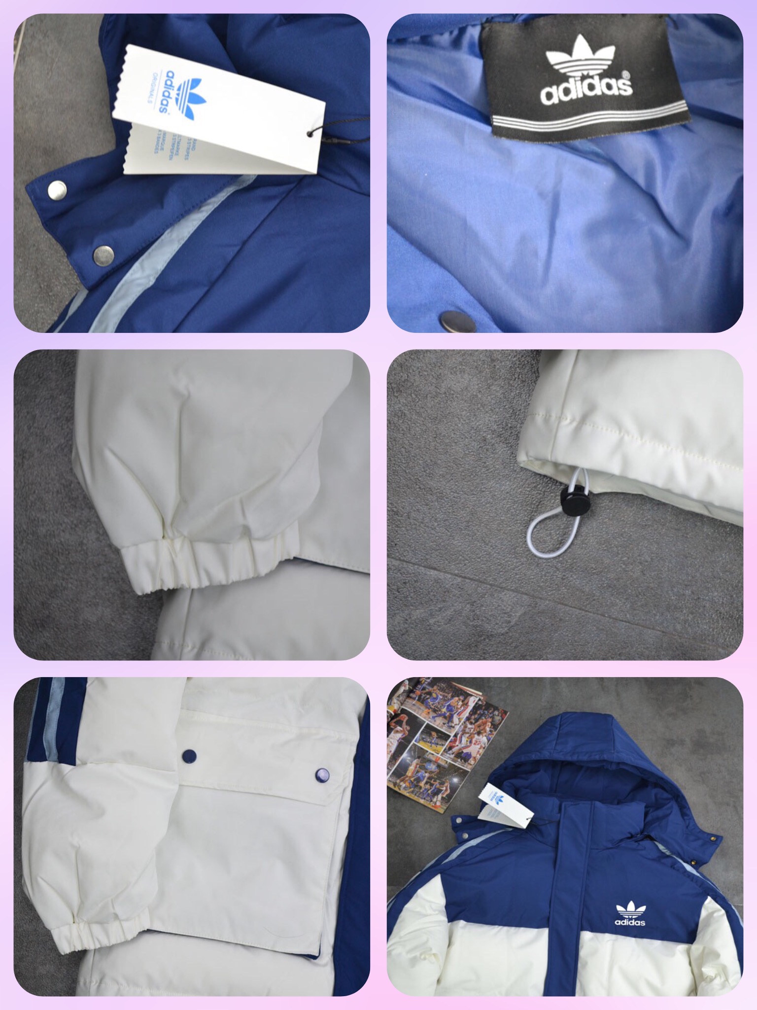 特价🉐 P200💰
Adidas➿阿迪达斯 三叶草☘️经典三道杠海军蓝御寒加厚户外运动系列.秋冬宝藏棉服.保暖棉衣连帽可脱卸帽御寒工装棉服 0666
🔘颜色： 海军蓝拼白色。湖蓝色拼黑色。杏色
🔘尺码：M L XL XXL 3xl。4xl 
M肩宽+袖长71 胸围118衣长67
L肩宽➕袖长73胸围122衣长69
xl肩宽+袖长75胸围126衣长71
xxl肩宽+袖长77胸围130衣长73
xxxl肩宽+袖长79胸围134衣长75
4xl肩宽+胸围81胸围138衣长77

   寒冬一定闭眼入的百搭单品，面料已做防水涂层 防水防风 袖口松紧设计，工装口袋设计 拼接色 .加厚设计无敌保暖 侧边简约标志杠条织带胸前三叶草经典logo设计，连帽可脱卸双门襟设计，简约百搭，轻松好驾驭 上身效果极佳 刷街必备 百搭神器，朋友们闭眼入！ 上身舒服抗寒保暖，做工精致
温馨提示:尺码均为手工测量有1-2CM左右误差属于正常。