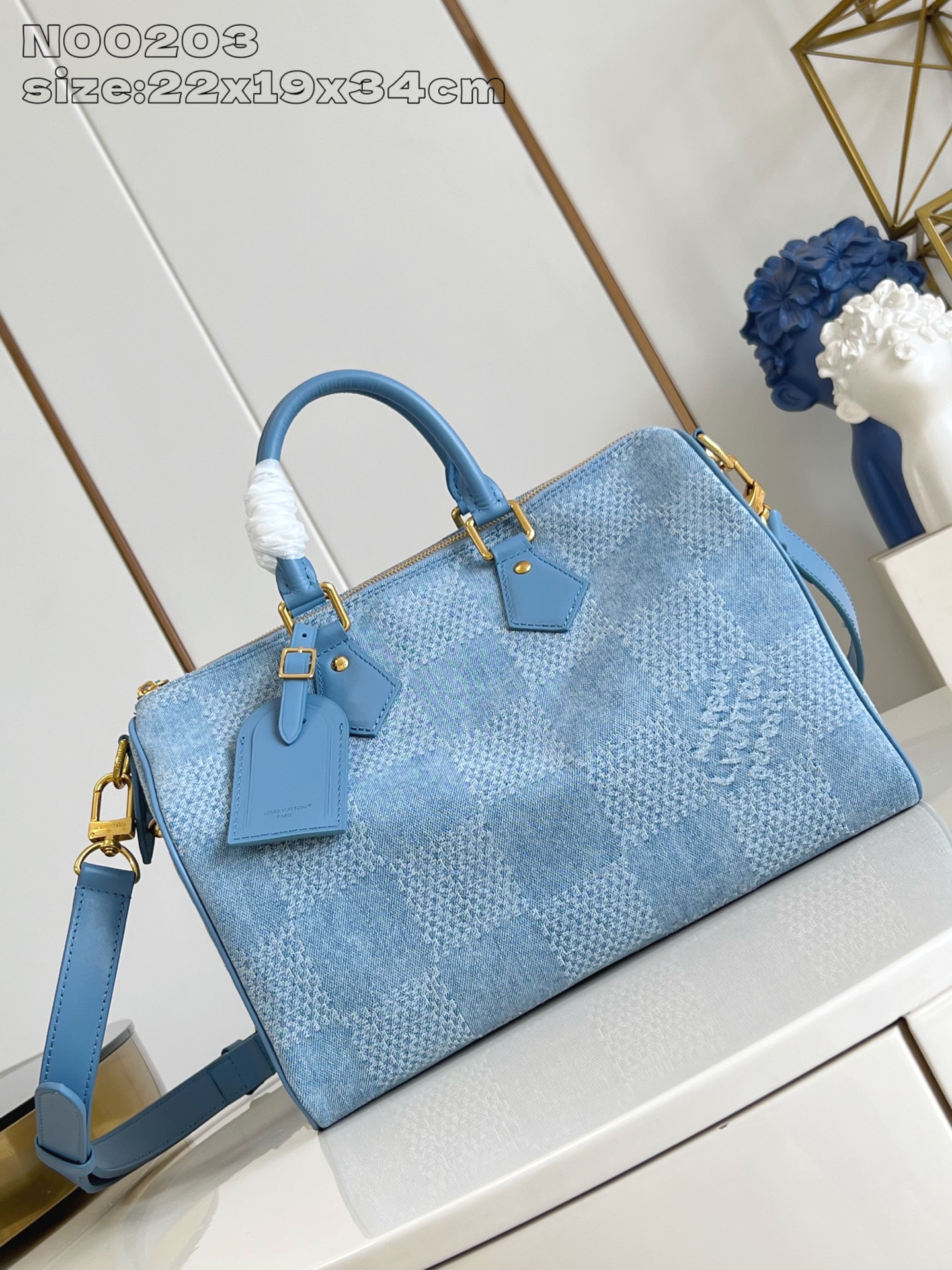 Louis Vuitton Speedy 30 Bandoulière Damier Denim Handbag,Blue,22 x 19 x 34 cm