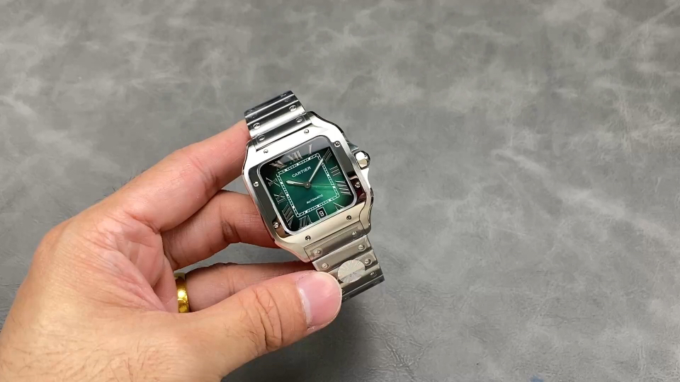 Cartier Santos Men's Large Watch with Green Dial and Stainless Steel Bracelet