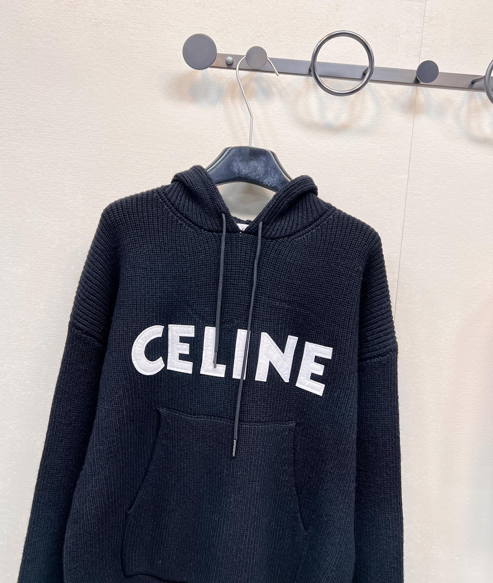 Celine连帽字母logo贴片针织毛衣特定进口高阶100%羊毛混纺面料定染纱线颜色超正粗棒竖纹钩织工艺