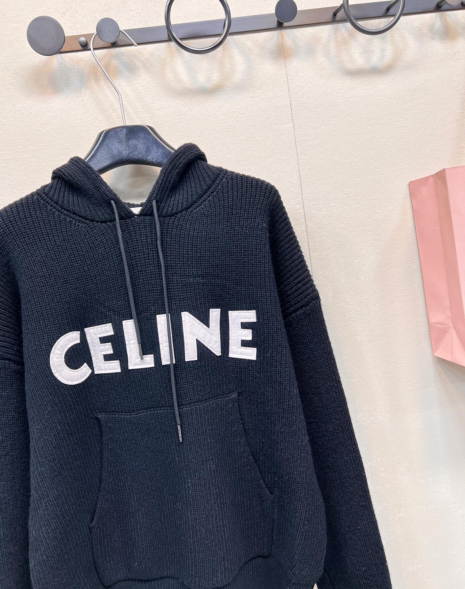 Celine连帽字母logo贴片针织毛衣特定进口高阶100%羊毛混纺面料定染纱线颜色超正粗棒竖纹钩织工艺