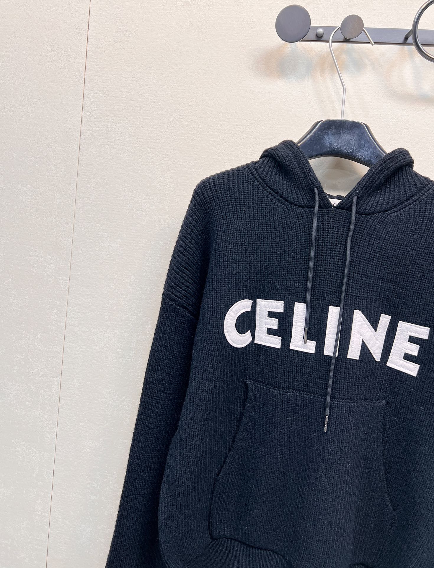 Celine连帽字母logo贴片针织毛衣特定进口高阶100%羊毛混纺面料定染纱线颜色超正粗棒竖纹钩织工艺