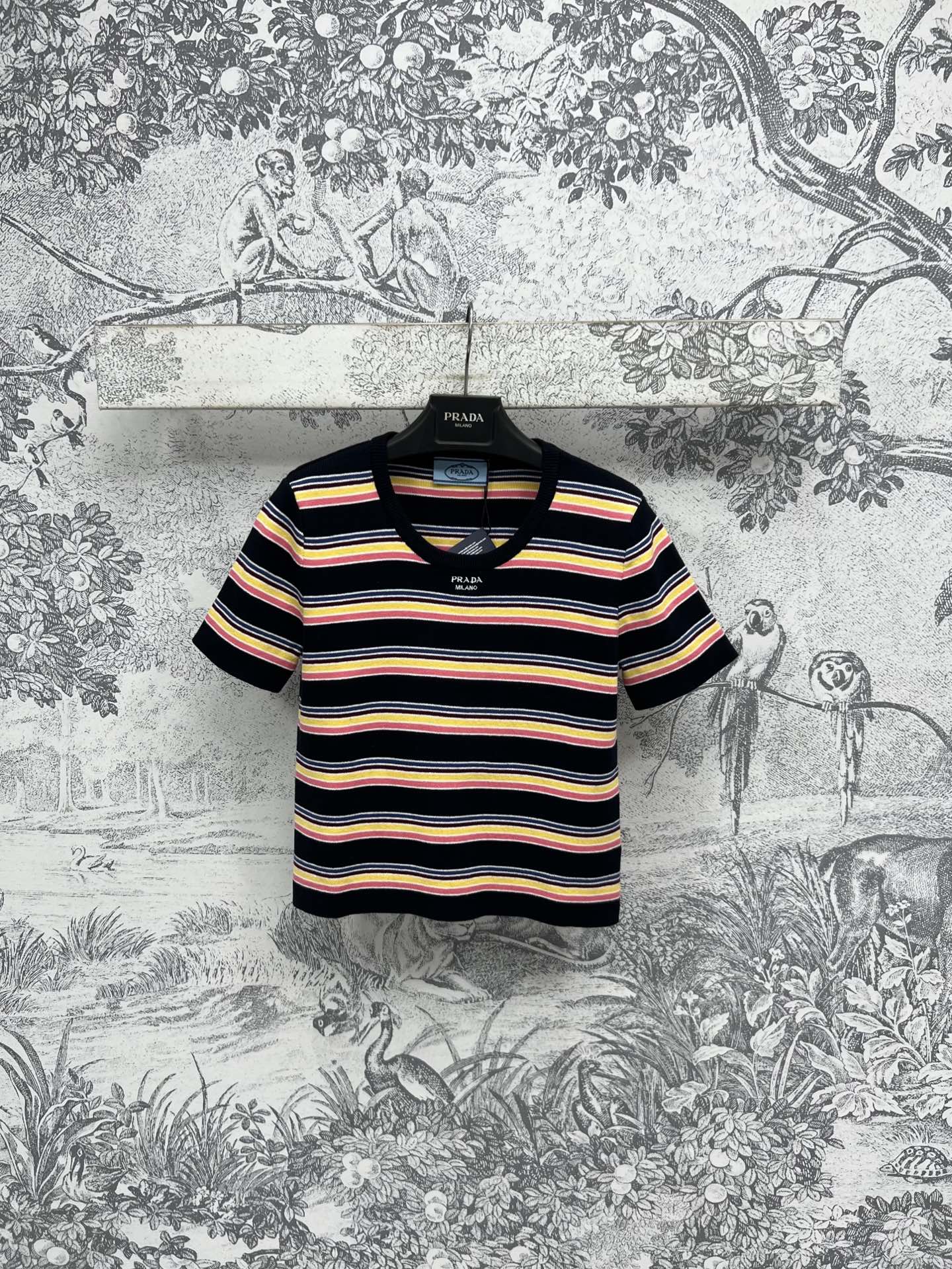 NO:323799,PD Home 25 Early Spring New Rainbow Stripe Knitted Series Short Vest   Round Neck Short Sleeve T-shirt Thin Breathable and Pressure-free Close-fitting Comfortable and Breathable Fabric Invincible Soft Wool Yarn Material Texture Workmanship is absolutely amazing The elastic rainbow contrasting stripes can be felt through the screen Super age-reducing The chest logo embellishes the brand fashion, the interior and exterior look good, cool and comfortable, not picky for people, one color and three codes SML,,dior,T-shirt,tees,t-shirt,alexander wang19860909PD家 25早春新款 彩虹条纹针织系列 短款背心 圆领短袖T恤 薄款透气无压力 贴身舒适透气 面料无敌柔软 羊毛纱线材质质感做工简直绝了 隔着屏幕都感觉的到弹力彩虹撞色条纹超减龄哦 胸口logo点缀品牌时尚 内搭外穿都好看 清凉舒适不挑人一色三码 SML,,dior,T-shirt,tees，t-shirt,alexander wang,Women's clothing