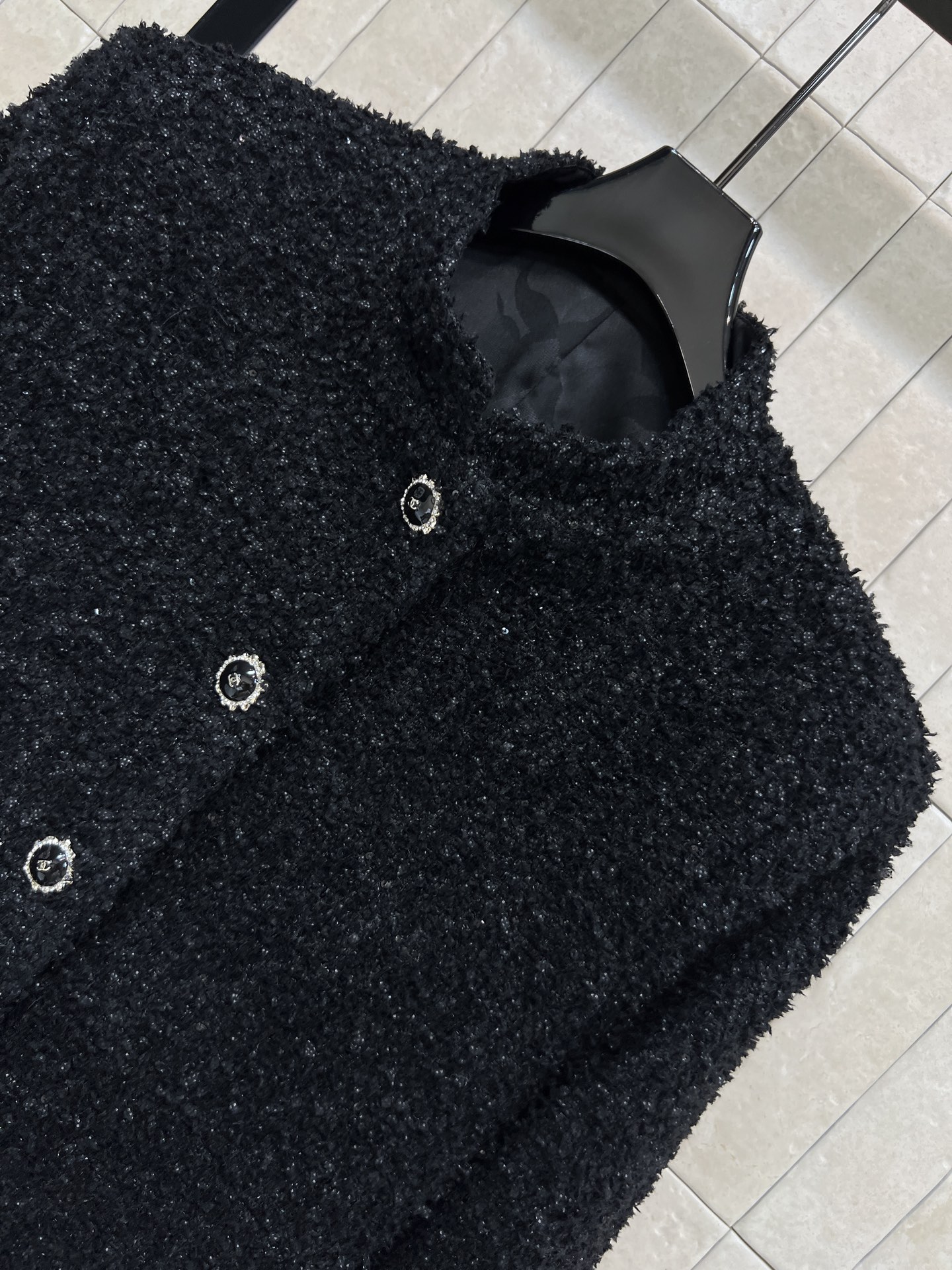 小香家 25秋冬新款 黑色粗花呢立领外套 小香风粗花呢外套精致又显瘦 中长款廓型显白又高级的黑色气质拿捏