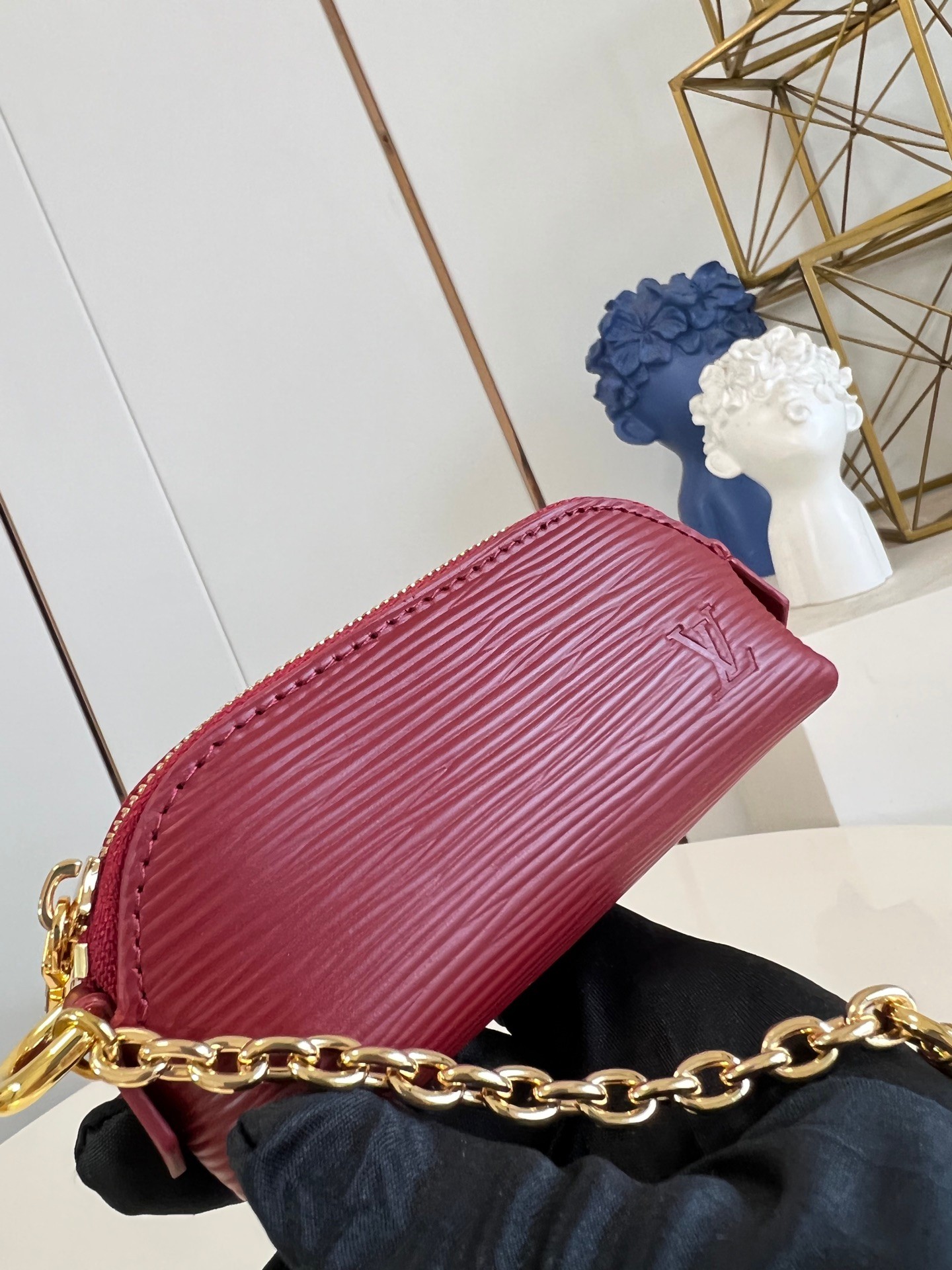 Lipstick Case in Wine Red Epi Leather with Golden Chain - Compact and Stylish