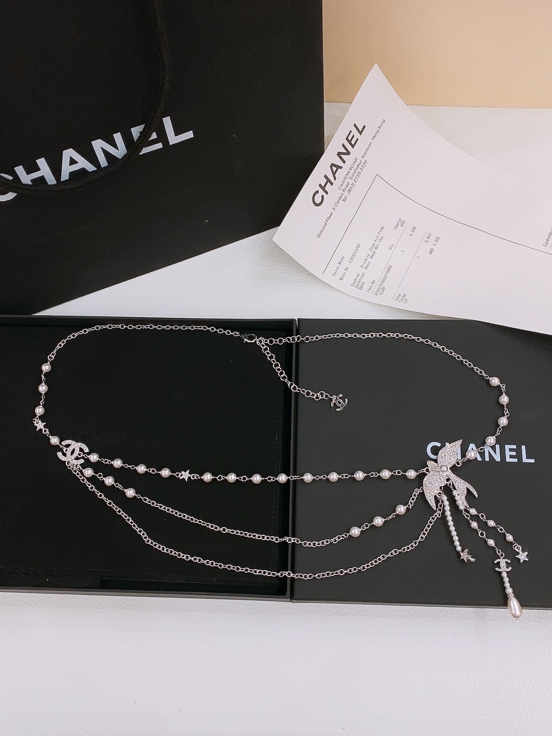 -Chanel 飞鸟belt  水钻 与 珍珠白 黄铜金属.精致银色系logo腰链 精致优雅 均码 
 