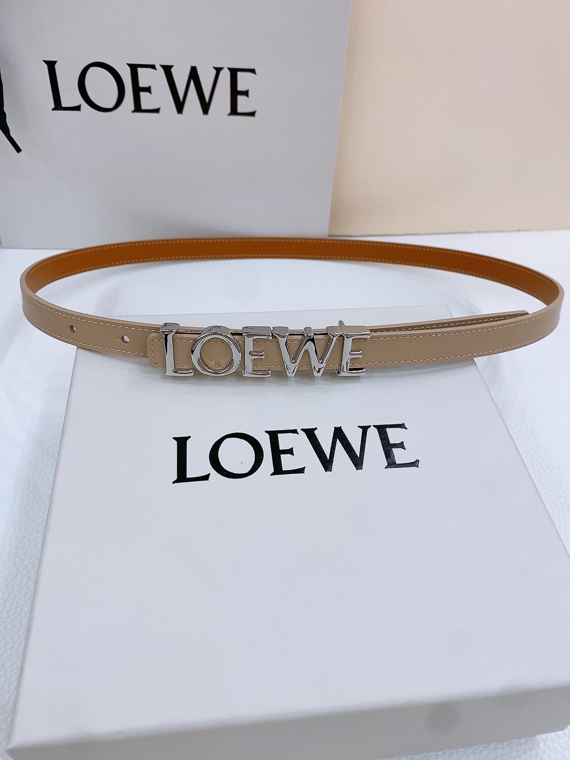 Loewe Smooth Cow Leather Belt with Metal Logo in Copper Gold, 1.5cm Width.