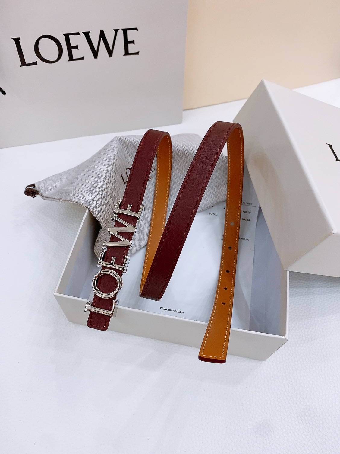 Loewe Smooth Cow Leather Belt with Metal Logo in Copper Gold, 1.5cm Width - 图片 3