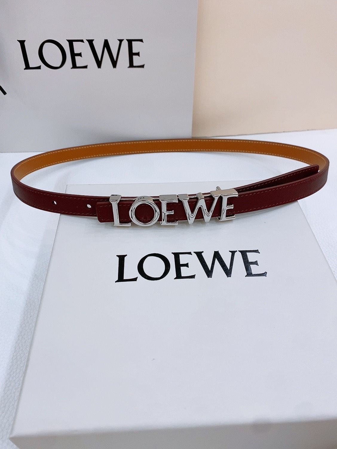 Loewe Smooth Cow Leather Belt with Metal Logo in Copper Gold, 1.5cm Width - 图片 1