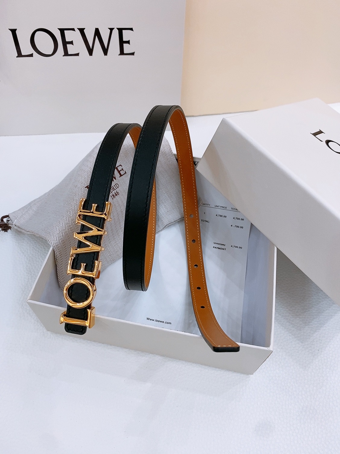 Loewe Smooth Cow Leather Belt with Metal Logo in Copper Gold, 1.5cm Width. - 图片 3