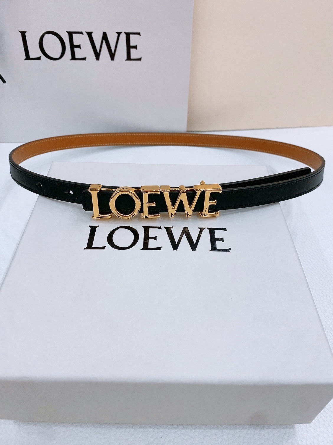 Loewe Smooth Cow Leather Belt with Metal Logo in Copper Gold, 1.5cm Width.