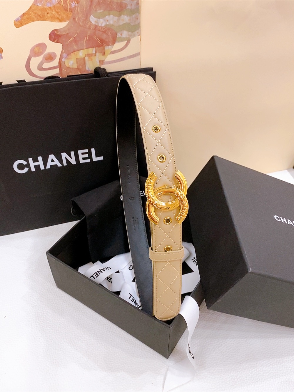Ms. Chanel’s Classic Black Leather Belt with Gold Double-C Buttons, 3.0 cm Width