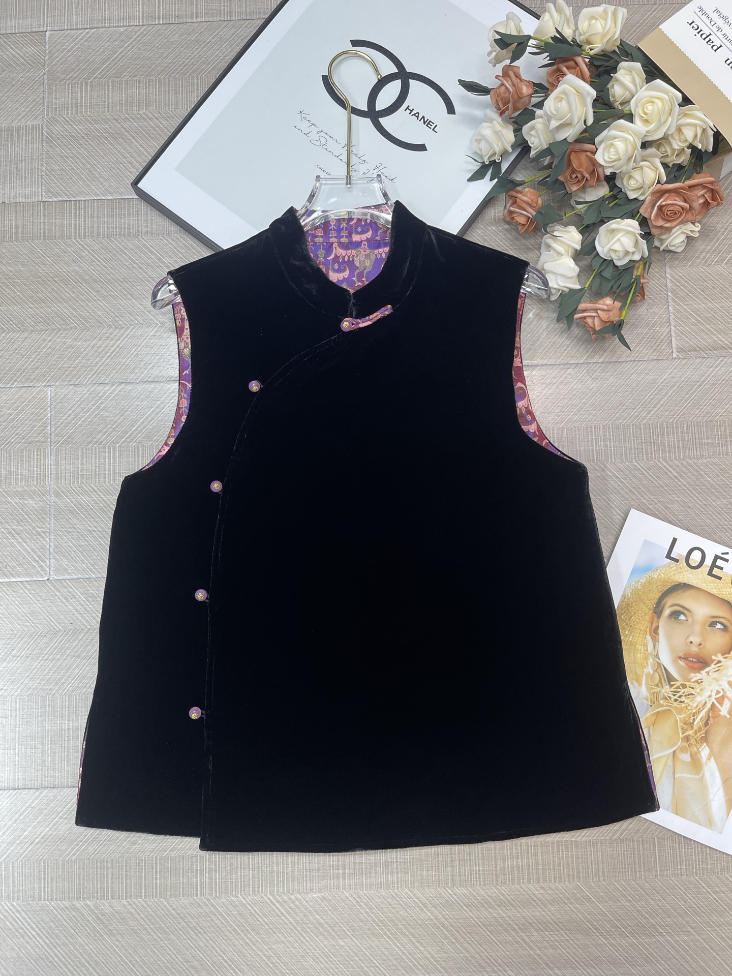 Reversible Silk Velvet Vest, Sleeveless Mandarin Collar Top, Chinese Style