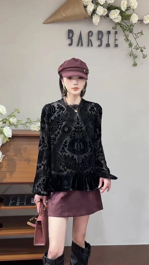 Elegant Burnout Velvet Blouse, Long Sleeve Silk Top for Women - Black 1 Elegant Burnout Velvet Blouse, Long Sleeve Silk Top for Women - Black
