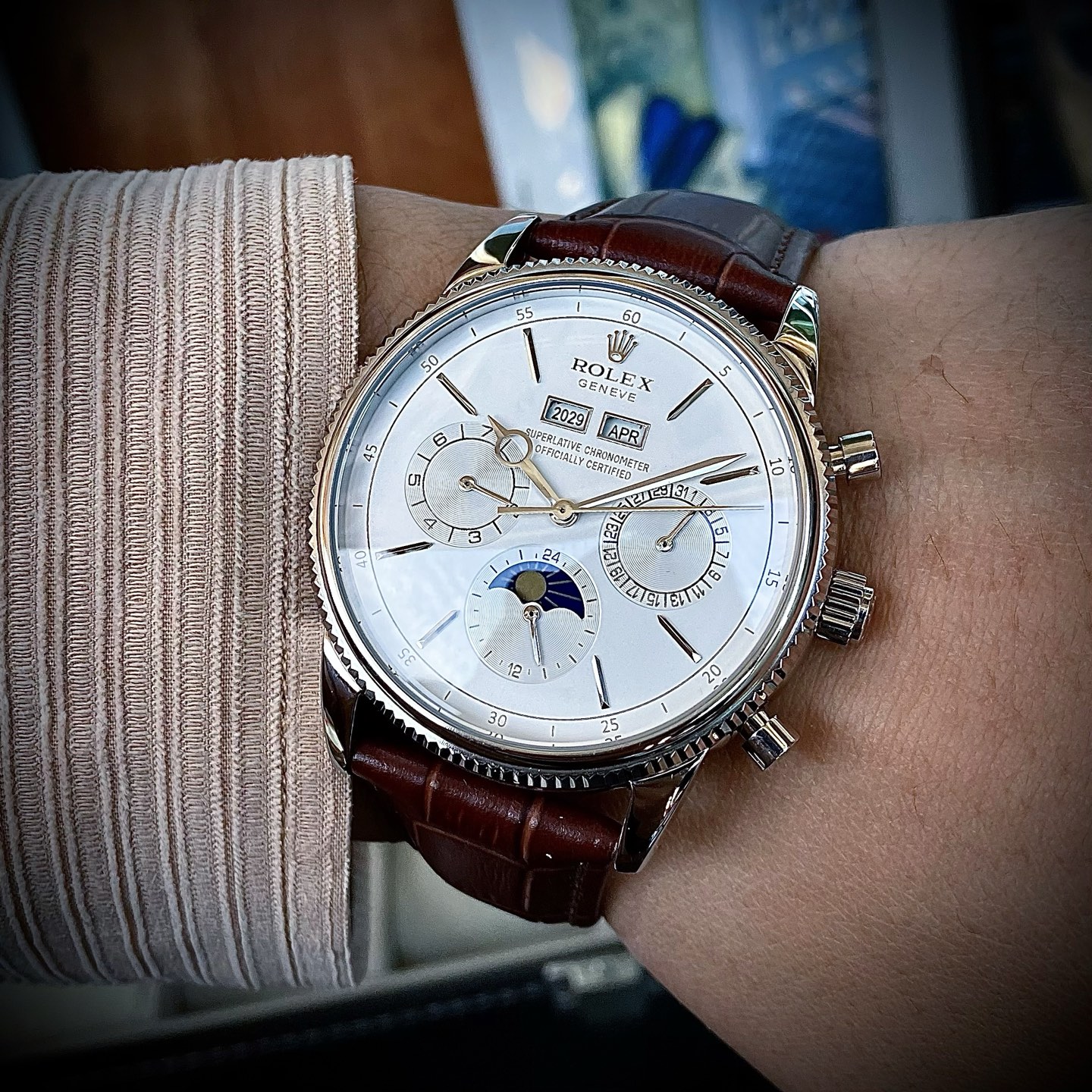 Rolex Cellini Moonphase white dial, white gold case, black leather strap 39mm Men's Automatic