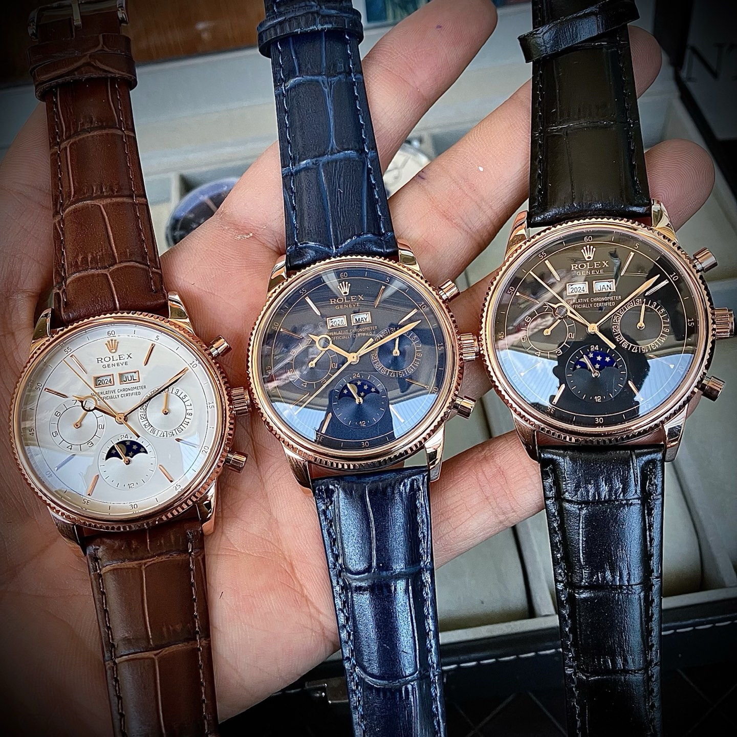 Rolex Cellini Moonphase white dial, white gold case, black leather strap 39mm Men's Automatic
