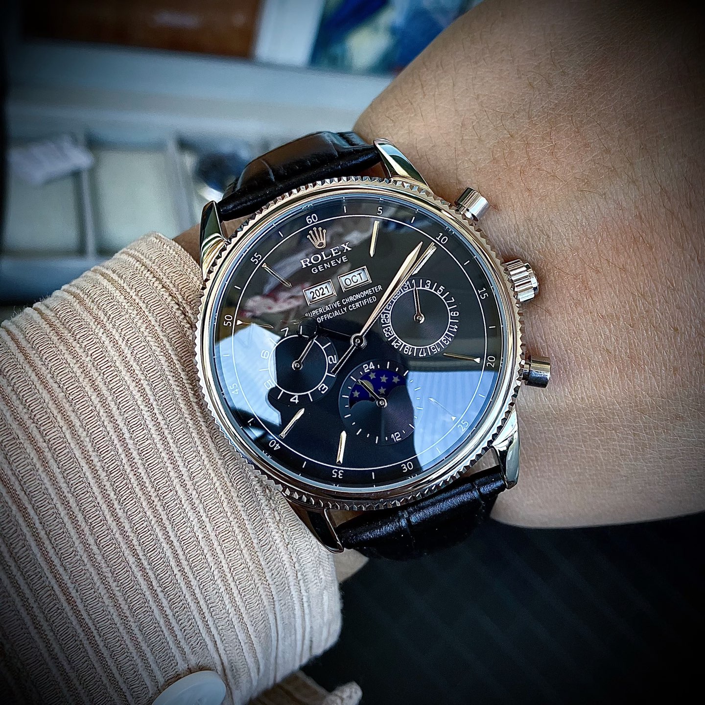 Rolex Cellini Moonphase white dial, white gold case, black leather strap 39mm Men's Automatic