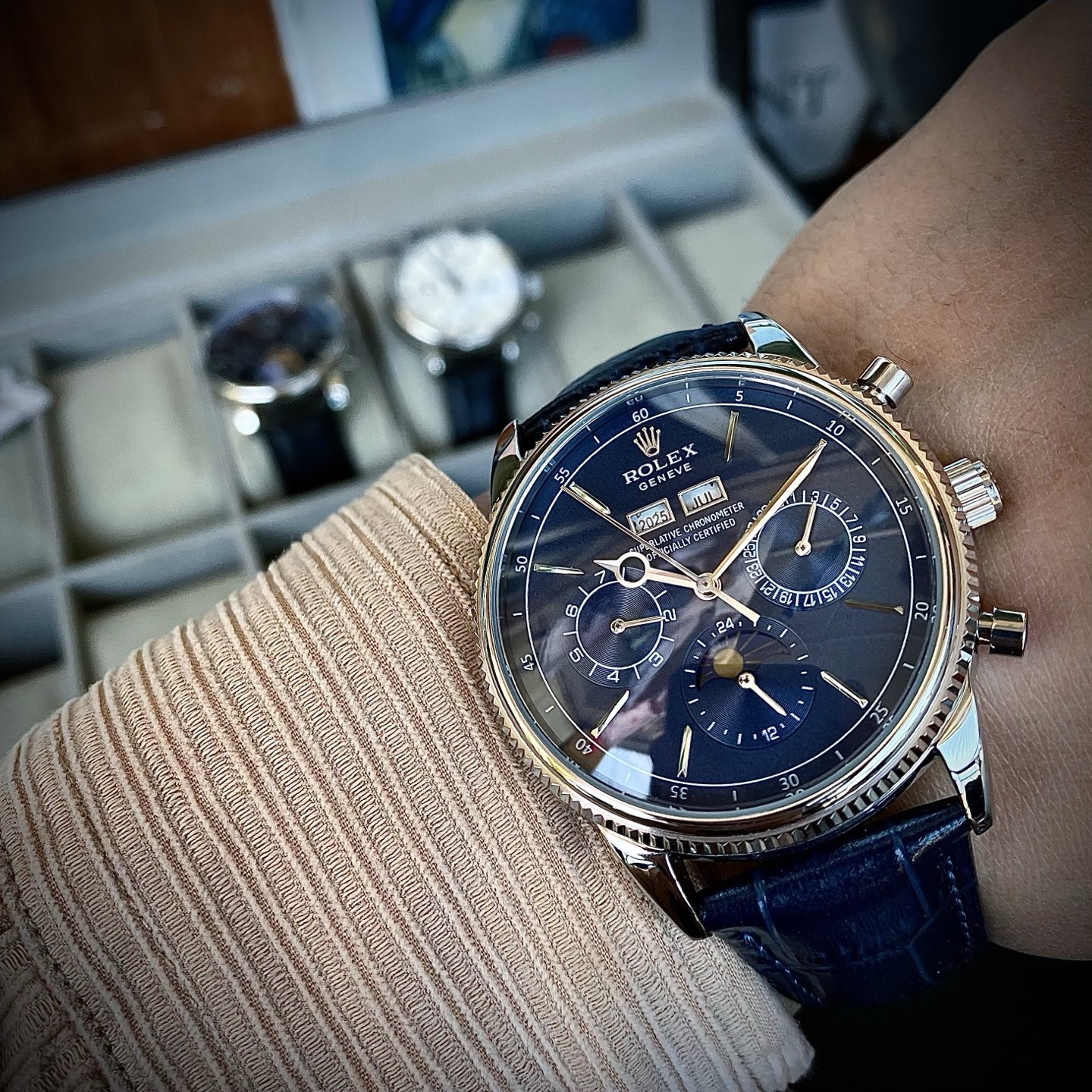 Rolex Cellini Moonphase white dial, white gold case, black leather strap 39mm Men's Automatic