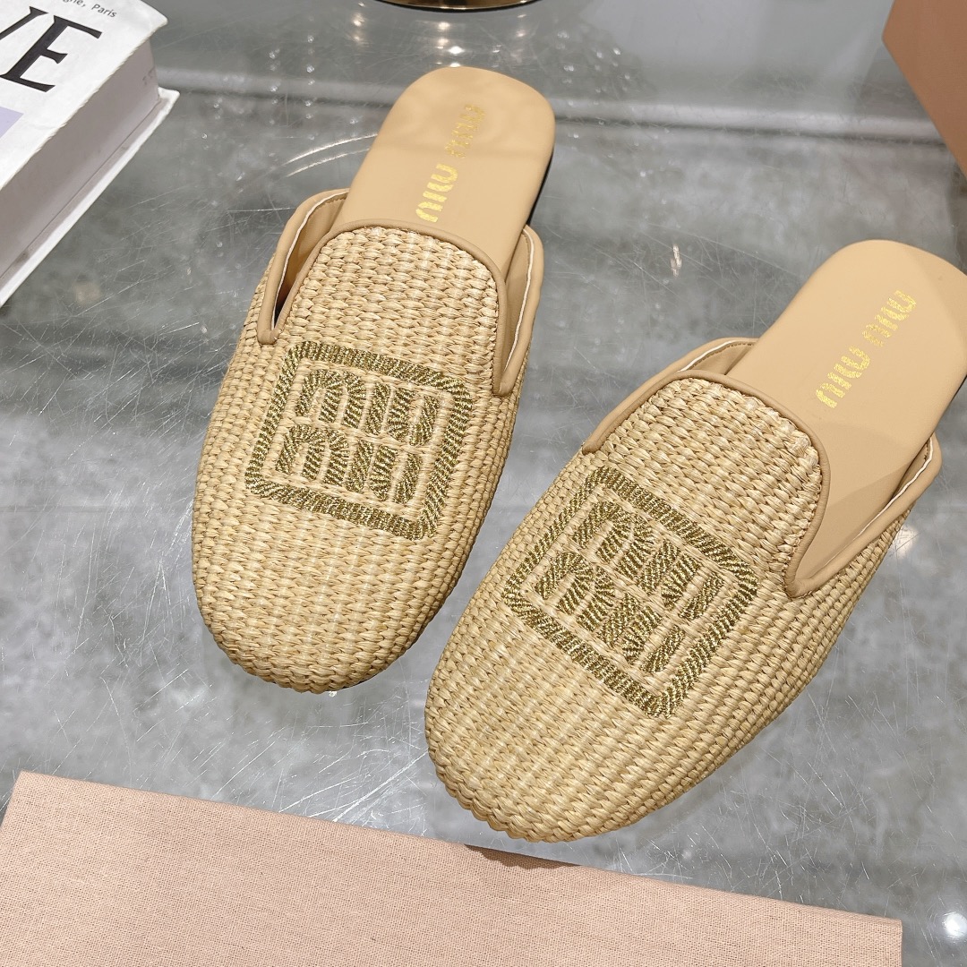 zapatillas de fábrica - miu miu miu bordado hierba rafia plana zapatos individuales Miu ballet plana