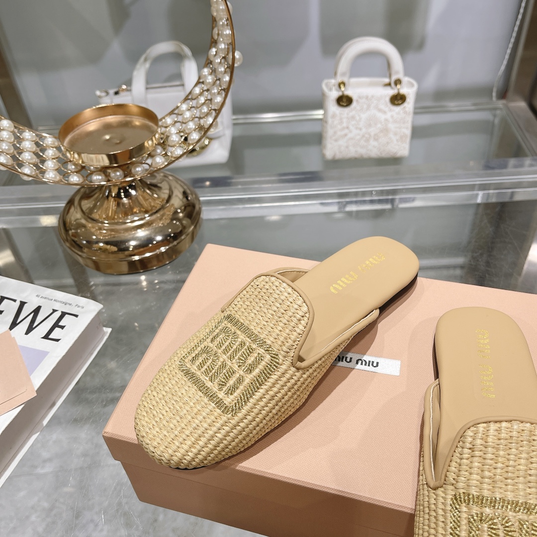 zapatillas de fábrica - miu miu miu bordado hierba rafia plana zapatos individuales Miu ballet plana