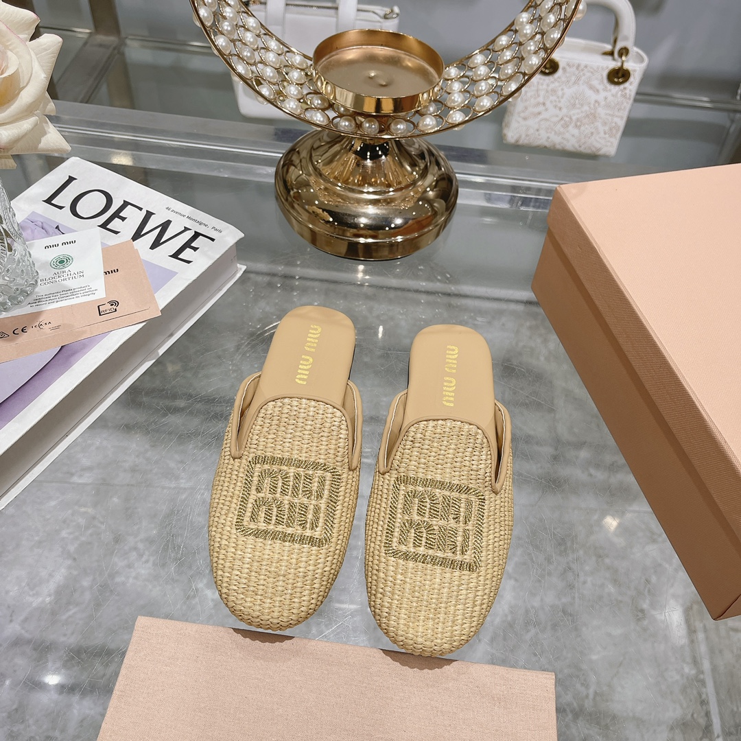 zapatillas de fábrica - miu miu miu bordado hierba rafia plana zapatos individuales Miu ballet plana