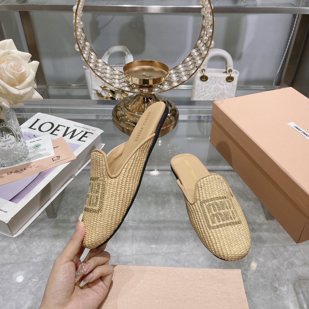 zapatillas de fábrica - miu miu miu bordado hierba rafia plana zapatos individuales Miu ballet plana