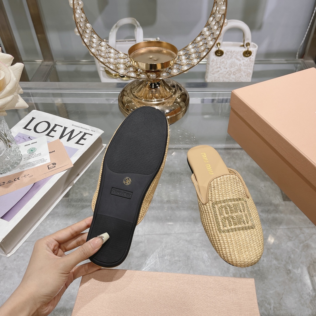 zapatillas de fábrica - miu miu miu bordado hierba rafia plana zapatos individuales Miu ballet plana