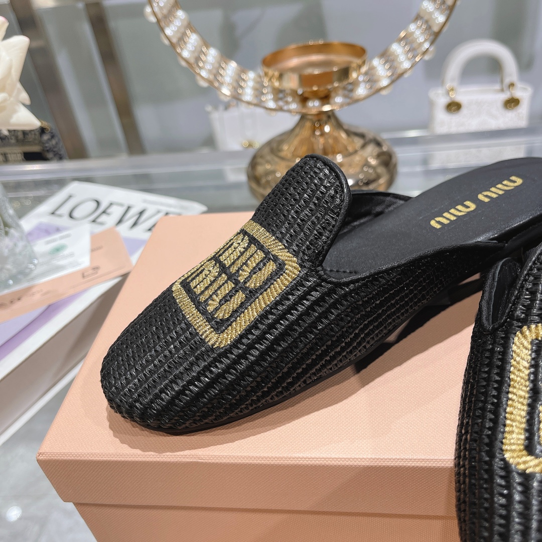 zapatillas de fábrica - miu miu miu bordado hierba rafia plana zapatos individuales Miu ballet plana