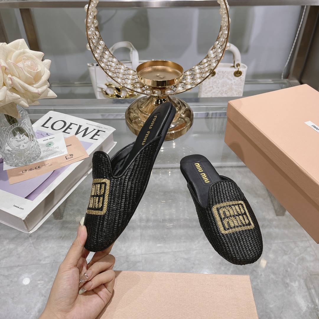 zapatillas de fábrica - miu miu miu bordado hierba rafia plana zapatos individuales Miu ballet plana