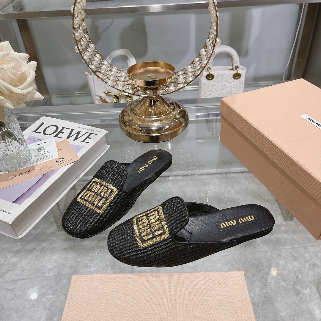 zapatillas de fábrica - miu miu miu bordado hierba rafia plana zapatos individuales Miu ballet plana