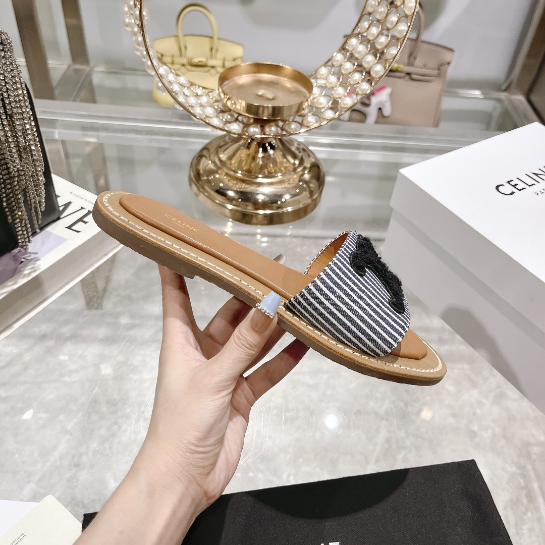 Celine Women's 2025 Spring/Summer Striped Embroidered Logo Beach Slides 5 i1717262006 1240 2
