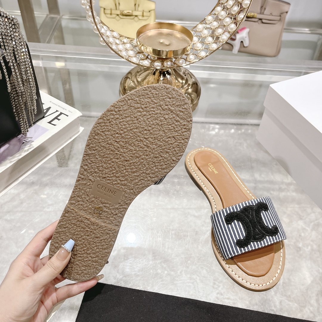 Celine Women's 2025 Spring/Summer Striped Embroidered Logo Beach Slides 9 i1717262006 3260 1