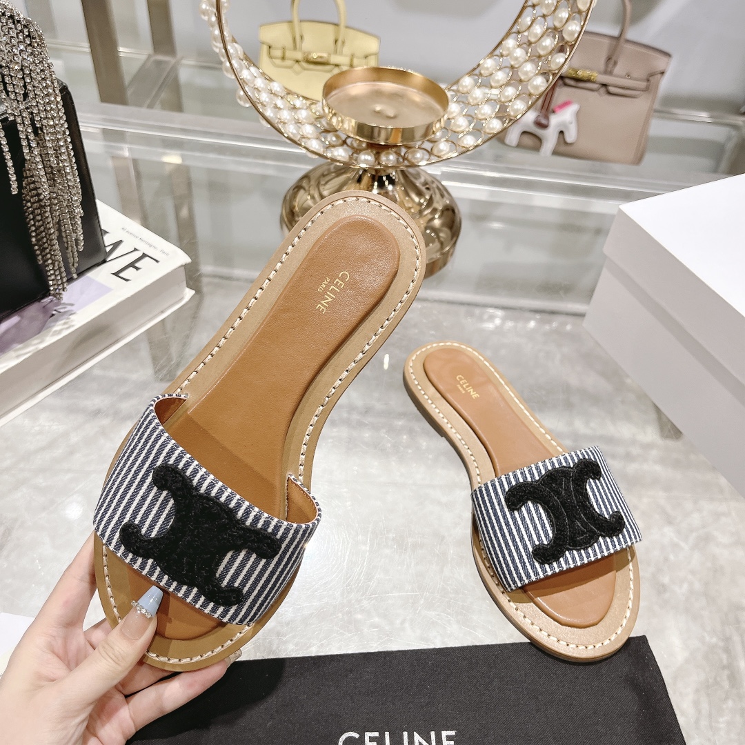 Celine Women's 2025 Spring/Summer Striped Embroidered Logo Beach Slides 4 i1717262006 4821 5