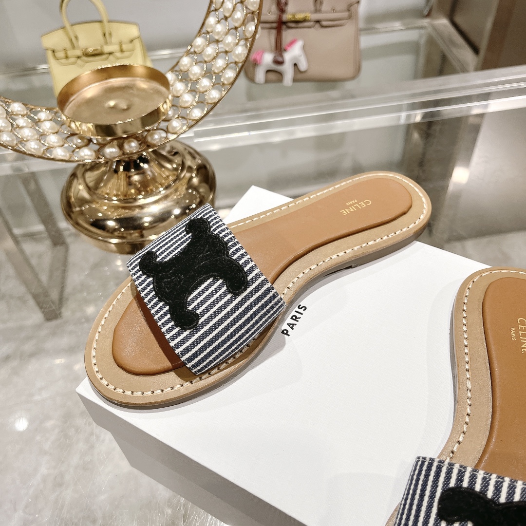 Celine Women's 2025 Spring/Summer Striped Embroidered Logo Beach Slides 6 i1717262006 6253 6