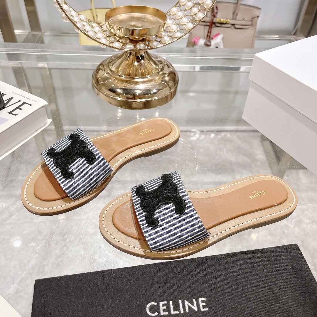 Celine Women's 2025 Spring/Summer Striped Embroidered Logo Beach Slides 3 i1717262006 8696 0