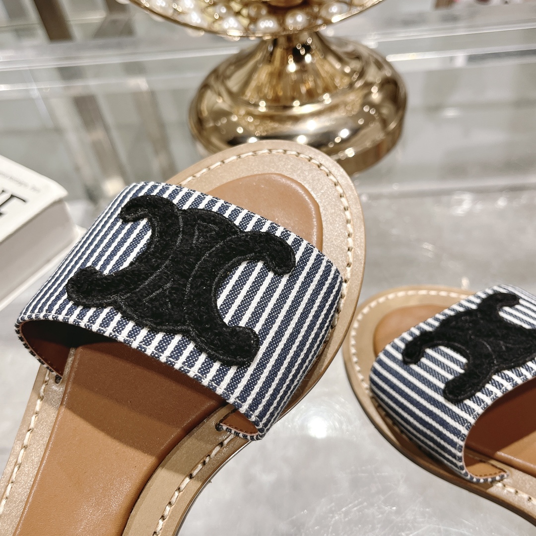 Celine Women's 2025 Spring/Summer Striped Embroidered Logo Beach Slides 8 i1717262006 9026 7