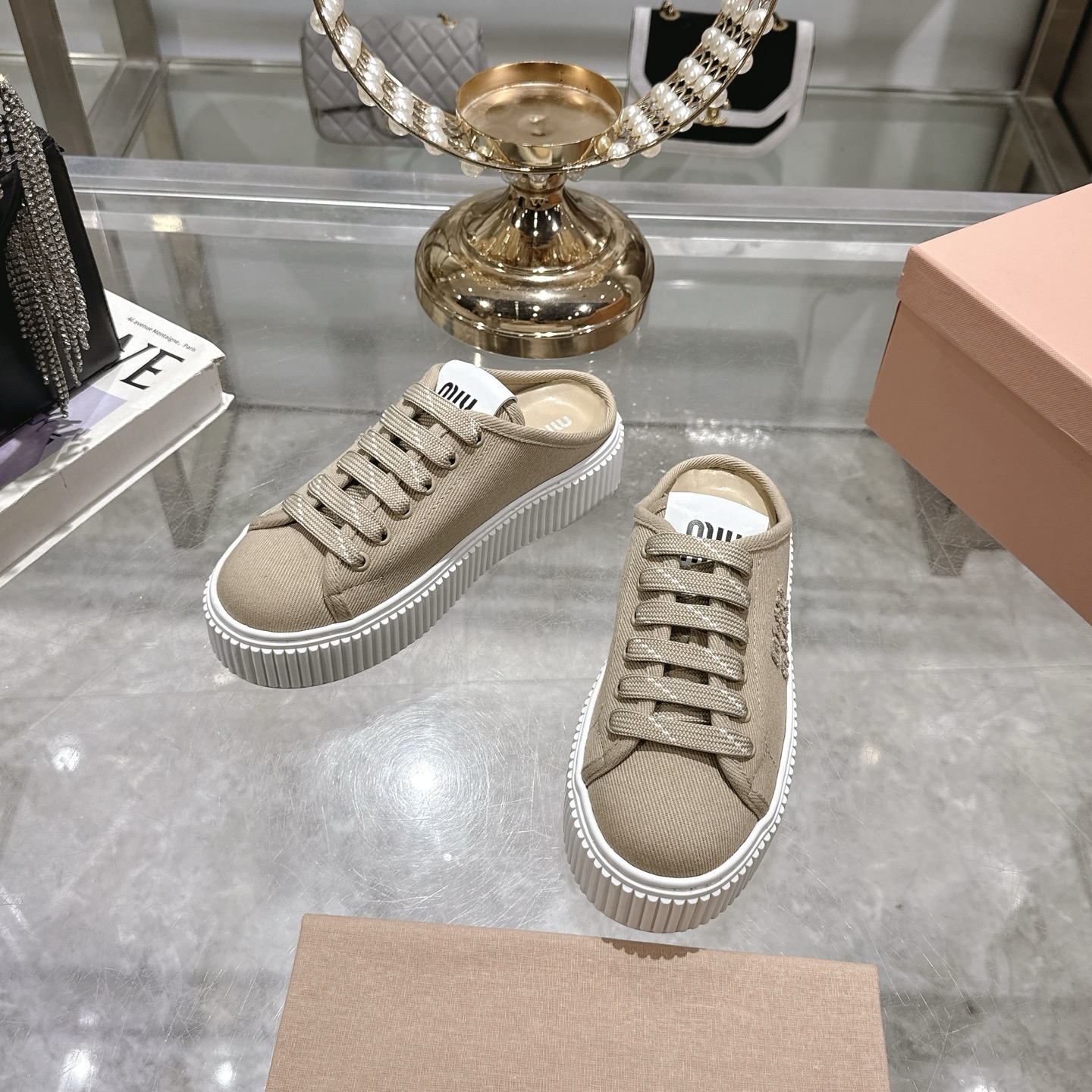 Miu Miu Women's Spring Platform Canvas Sneakers, Beige, US Size 5-10 6 i1742202606007 1077 0 3