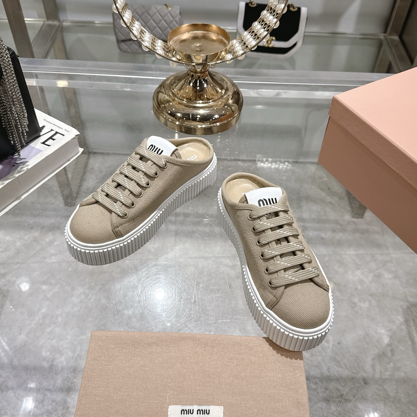 Miu Miu Women's Spring Platform Canvas Sneakers, Beige, US Size 5-10 4 i1742202606036 4102 0 1