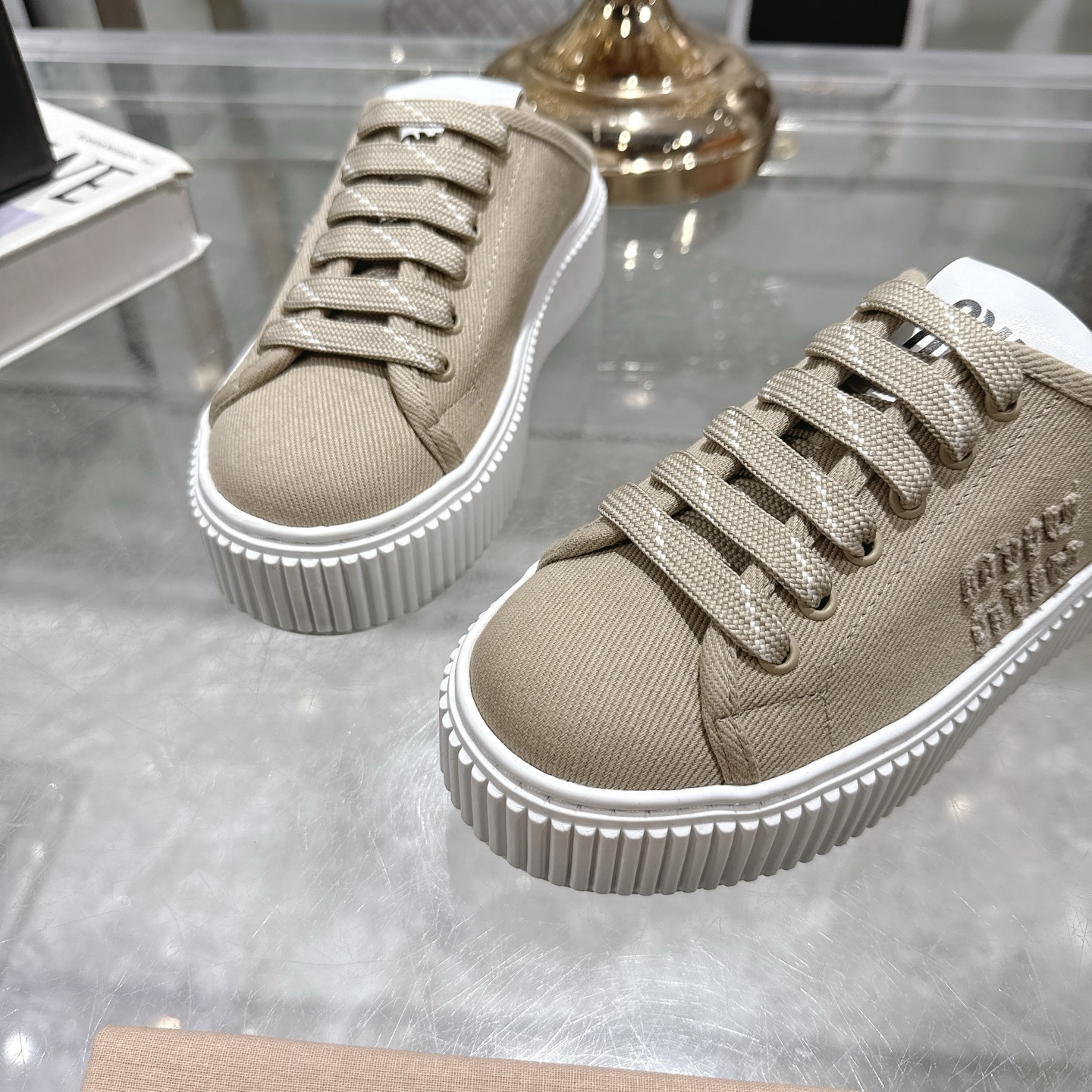 Miu Miu Women's Spring Platform Canvas Sneakers, Beige, US Size 5-10 9 i1742202606072 6151 0 7