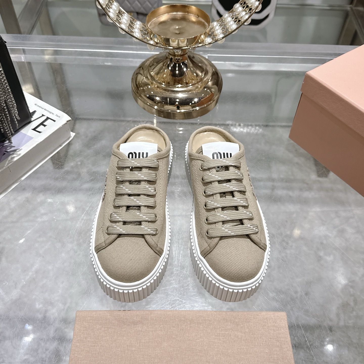 Miu Miu Women's Spring Platform Canvas Sneakers, Beige, US Size 5-10 3 i1742202606076 5458 0 0