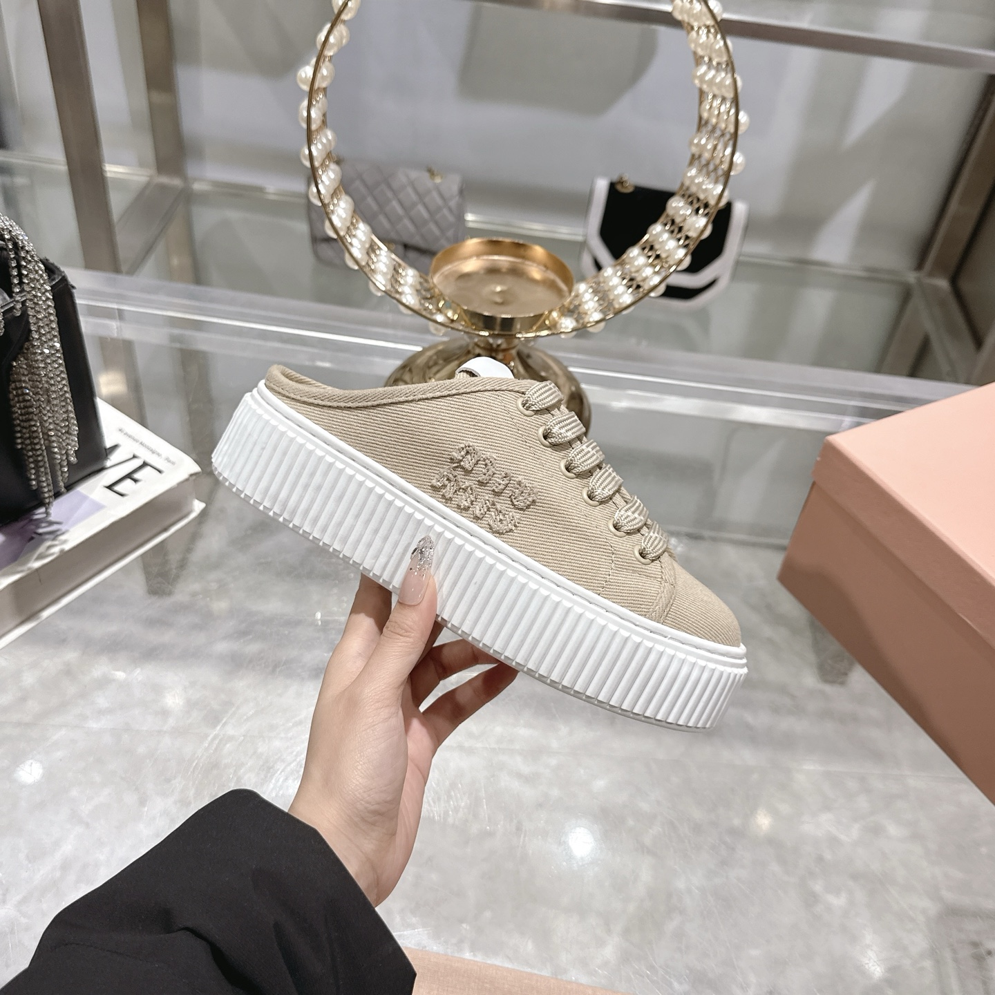 Miu Miu Women's Spring Platform Canvas Sneakers, Beige, US Size 5-10