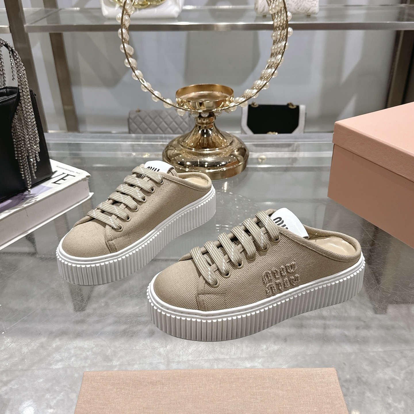 Miu Miu Women's Spring Platform Canvas Sneakers, Beige, US Size 5-10 5 i1742202608009 618 0 2