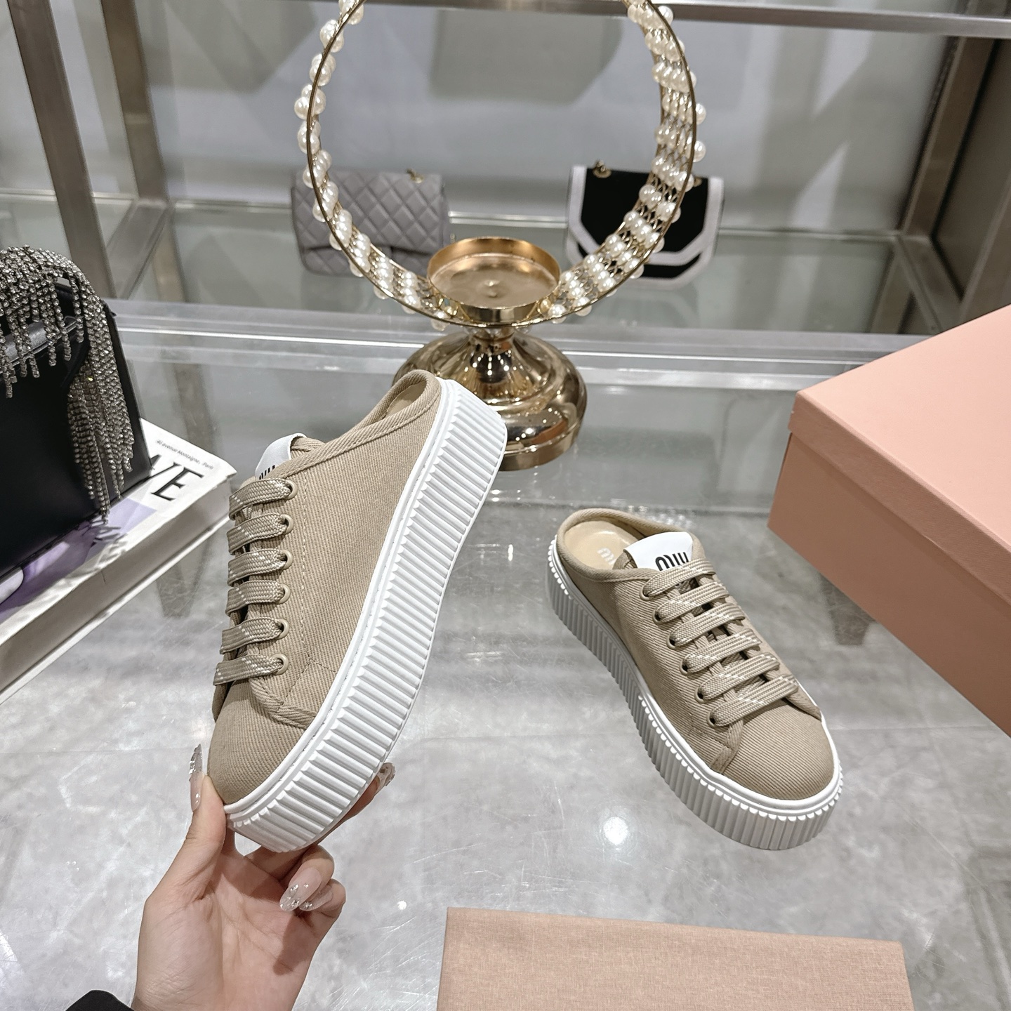 Miu Miu Women's Spring Platform Canvas Sneakers, Beige, US Size 5-10 7 i1742202608076 9657 0 4