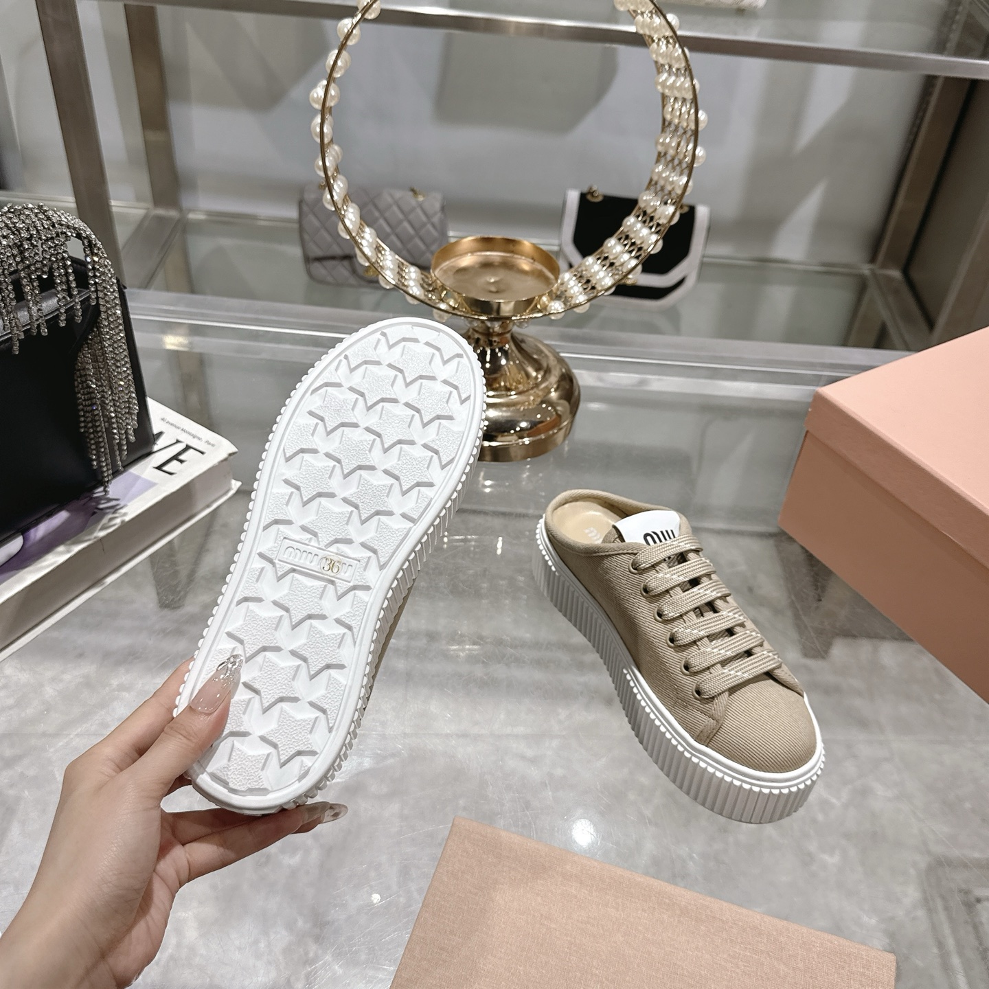 Miu Miu Women's Spring Platform Canvas Sneakers, Beige, US Size 5-10 10 i1742202608079 6345 0 8