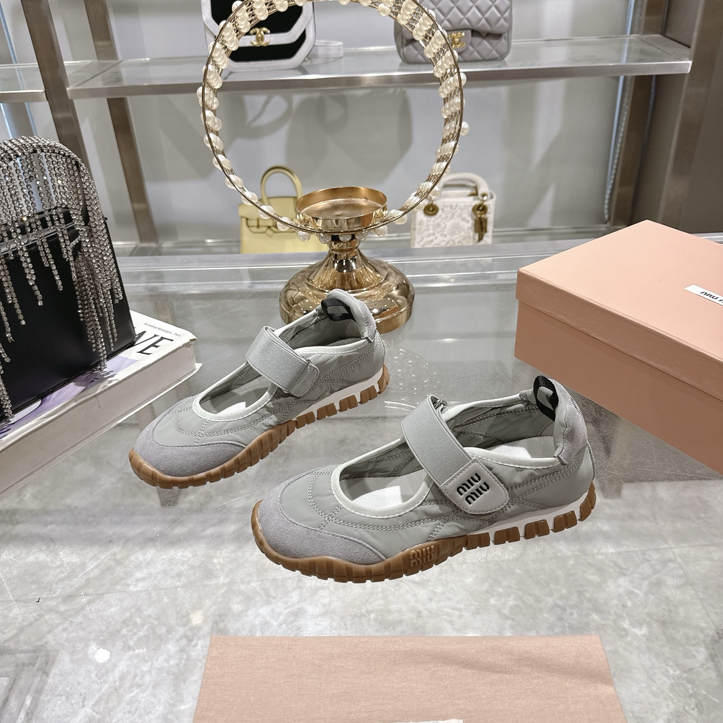 Miu Miu Women's Gray Canvas Mary Jane Sneakers With Logo Strap 5 i1743336972940 4227 0 2