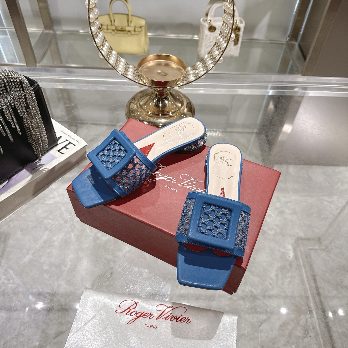 Roger Vivier Women's Blue Woven Mules with Iconic Buckle Detail - Elegant Comfort 1 Roger Vivier Women's Blue Woven Mules with Iconic Buckle Detail - Elegant Comfort